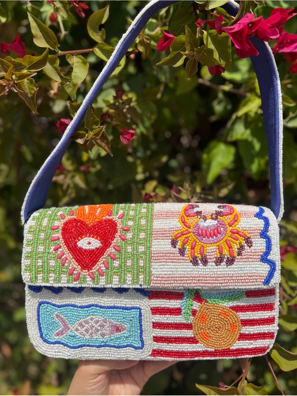 NWT America and & Beyond Flaming Heart Crab Sardine Fish Striped Beaded Bag